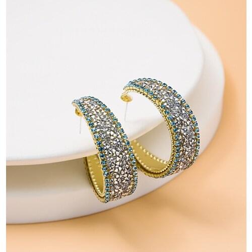 Origin Summer Shiny C Shape Multicolor Hoop Earring for Women Girls Exquisite Rhinestones Metallic Wedding Earring Jewelry