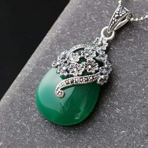 Silver Jewelry Retro Thai Silver Pendant S925 Sterling Silver Inlaid Natural Green Chalcedony Flower Silver Pendant Women