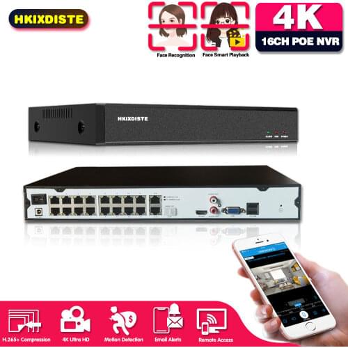 4K 8MP 16CH PoE NVR ONVIF P2P XMEye APP Security Network Video Recorder POE H.265 16 Channel Network Video Recorder Face Detect