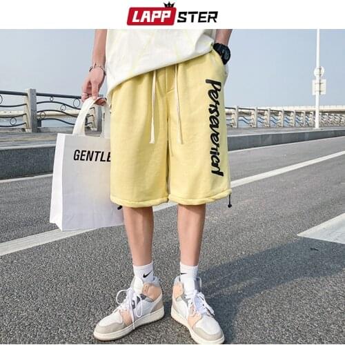 LAPPSTER Men Printed Cotton Causal Shorts 2021 Summer Mens Harajuku Basketball Sweat Shorts Male Streetwear Loose Vintage Short