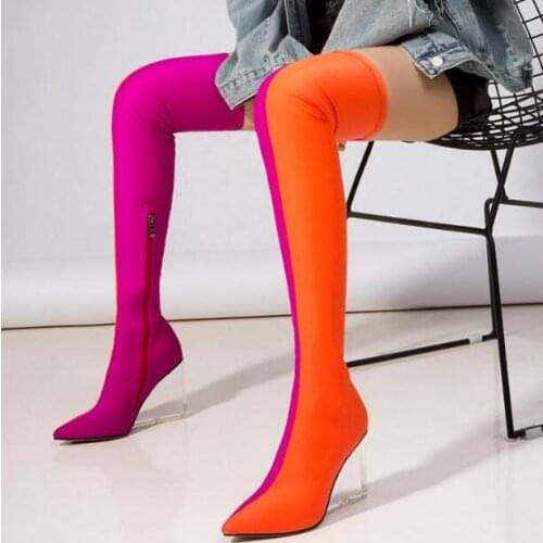Blue Pink Red Orange Pointed Toe 2 Colors Patchwork Woman Zipper Elastic Slim Over The Knee Transparent Wedge Long Boots