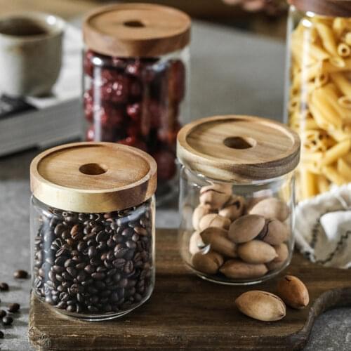 Glass Food Storage Jar Wood Lid Kitchen Storage Bottles Container for Coffee Bean Sugar Spice Food Jar Airtight Glass Canister