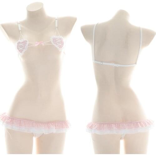 Japanese Sexy Girl Pink Love Plaid Maid Bikini Suit Kawaii Ruffles Cute Lolita Bandage Pajamas 2PCS Underwear Panties Set