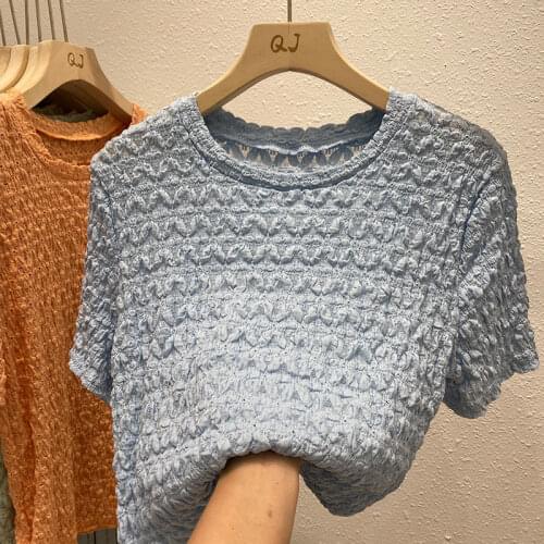 Womens Short-Sleeved round Neck T-shirt 2021 Summer New Design Sense Wave Lace Top Fashion