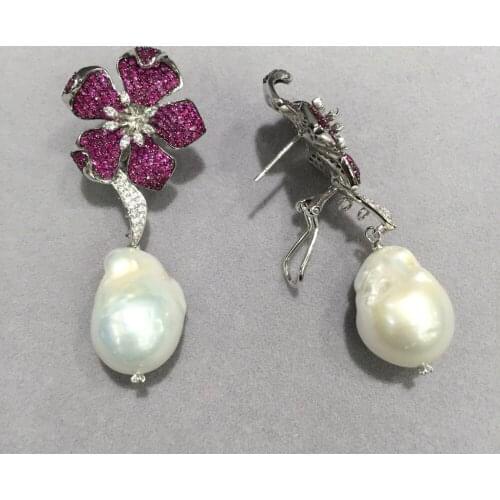 Baroque big natural fresh water pearl stud earring 925 sterling silver flower stud earring rose red color fine women jewelry