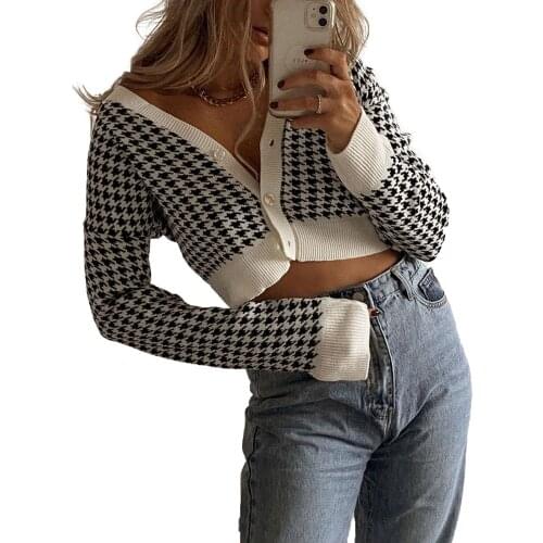 New Female Crop Top Women’ s Houndstooth Print V-Neck Long Sleeve Coat Knitted Blouse for Spring Fall S/M/L