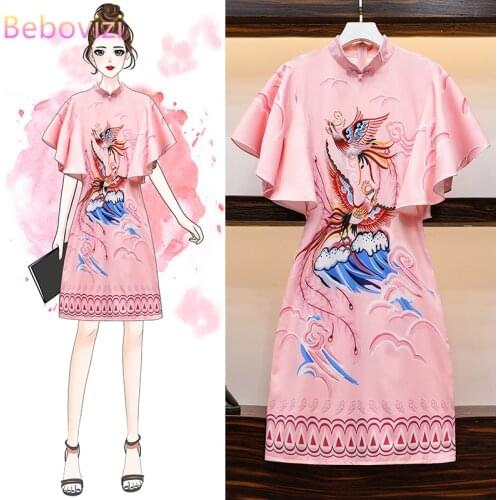 M-4XL Plus Size Pink Phoenix Printing Vintage Chinese Traditional Qipao Casual Party Women Midi Dress Summer Cheongsam Dresses