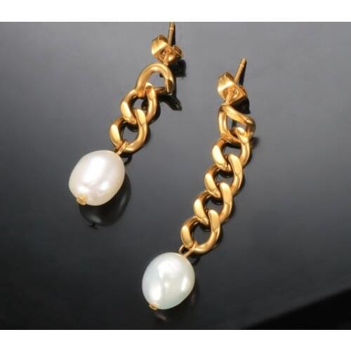 ZMFashion Pearl Drop Earrings Irregular Chain Length Stainless Steel Simple Punk Unisex Unusual Stud Earrings Jewelry For Women
