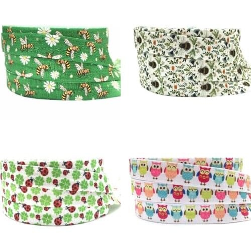 10Yards 16mm Bee Owl Printed Fold Over Elastic FOE Handmade Accessories DIY Hair Tie Party Decor Ribbon