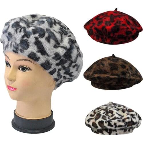 2021 Winter Chic Women Fuzzy Rabbit Hair Leopard Berets Warm Cozy Animal Printed Rabbit Hair Knitted Hats Fashion Printed Hats