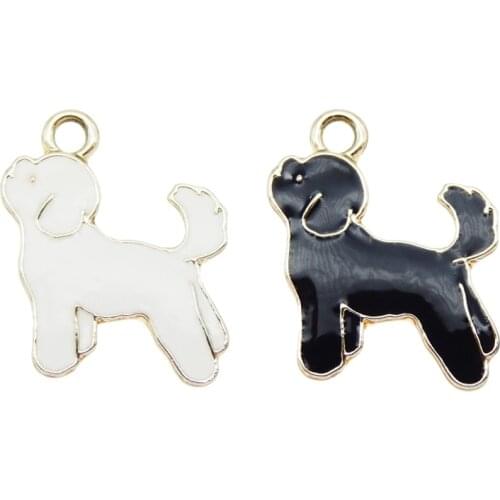 Julie Wang 8PCS Enamel Puppy Dog Charms Zinc Alloy White Black Pet Animal Gold Tone Pendant Bracelet Jewelry Making Accessory