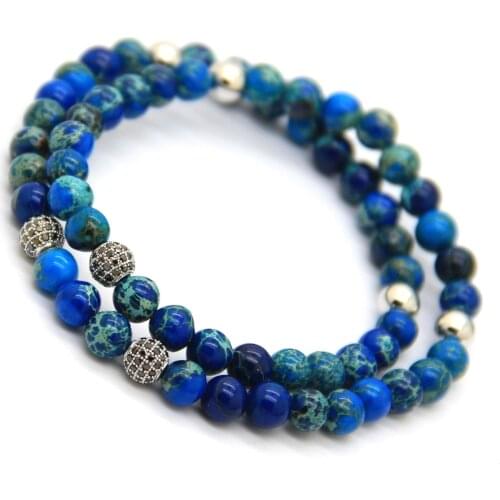 Ailatu New Two circles Jewelry, 6mm Blue & Green Sea Sediment Stone Beads Micro Pave CZ Beads Bracelet