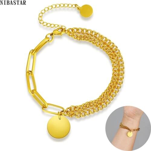 NIBASTAR Double Layer Chain Round Pendant Bracelet For Women Stainless Steel Adjustable Charm Bangle Fashion Jewelry