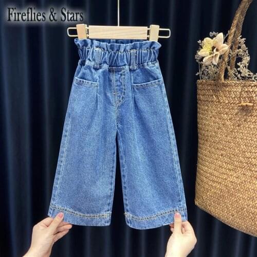 Spring Autumn Girls Jeans Baby Denim Pants Kids Trousers Children Bottoms Fashion Wide Leg Pockete Patch Bud Waist 1 To 7 Yrs
