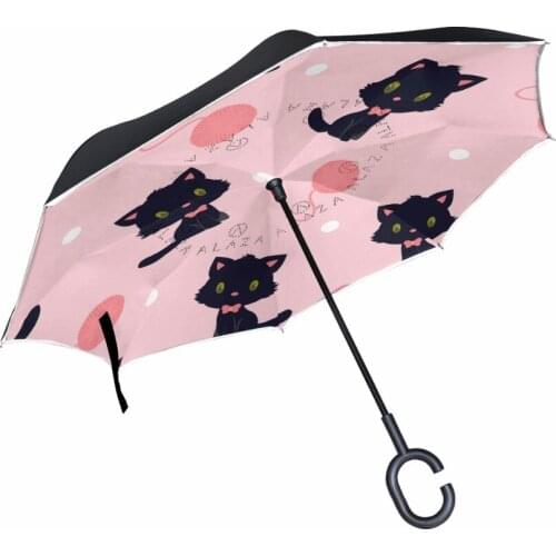Double Layer Reverse Umbrella Cute Cat Inverted Windproof C-Hook Hands Rain Car Large Umbrellas For Women/Kids