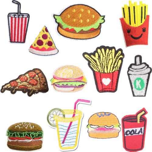 Food Fries Cola Iron on Patch Hamburger Sticker Clothes Heat Transfer Applique Embroidere Application Cloth Fabric Patches F