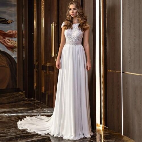 Elegant A-Line Wedding Dresses 2021 O-Neck Cap Sleeve Lace Appliques Backless Chiffon Long Bridal Gown For Women Sweep Train