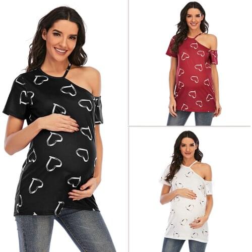 Oblique Shoulder Printed Pregnant Woman T-Shirt Casual Baby Loading Maternity Short Sleeve T-Shirt Pregnancy New Mom Tees Blouse