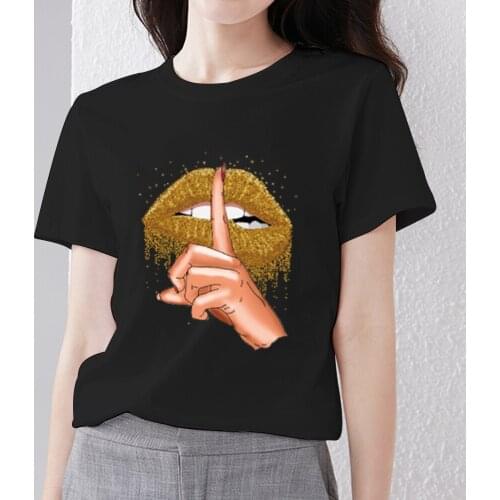 Womens Printed T-shirt Black New Fashion Sexy Lip Pattern Series Top Classic O-neck Commuter Short-sleeved Harajuku T-shirt