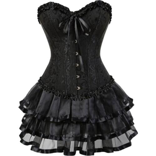 Burlesque Sexy Corsets Dress Gothic Overbust Corset Bustiers and Mini Tutu Party Dance Tulle Skirts Corselet Set Plus Size S-7XL