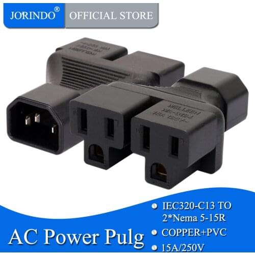 JORINDO PDU UPS IEC 3pin Male C14 to 2X US female Power splitter Y adapter C14 to 5-15R 1IN2 1 TO 2 PLUG Y Splitter Adaptador