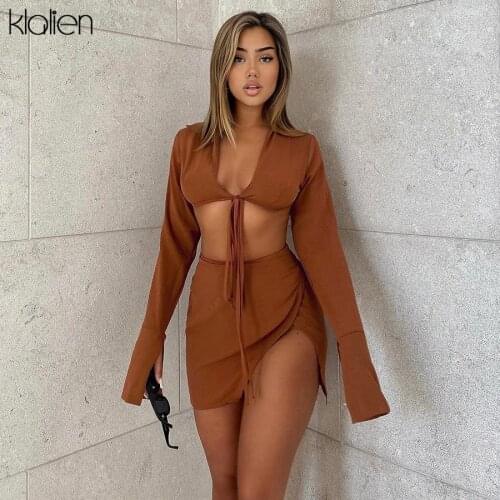 KLALIEN Women Two Piece Skirt Set Autumn New Casual Elegant Solid T Shirt and Mini Skirt Two Piece Set Office Lady Skirt Set