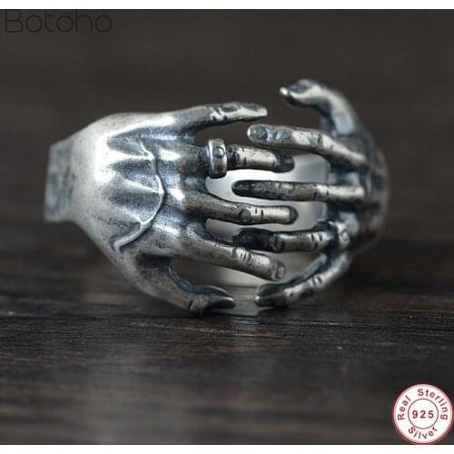 100% Real 925 Sterling Silver colour Finger Skeleton Resizable Rings for Men Thai Silver colour Retro Fashion Jewelry Anillos