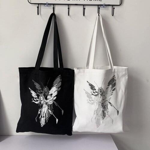 Cute Womens Canvas bag shopping bag Gothic style Harajuku aesthetic graphics Print Harajuku large-capacity Kawaii handbag