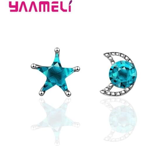 Trendy New Blue Star/Moon Earrings Accurate Cutting Cubic Zirconia 925 Sterling Silver Jewelry Wedding Engagement Gift
