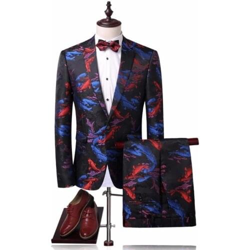 Mens Casual suit Stylish Printed Men Suit Slim Fit Koi Fish Pattern Chinese Style Stage Wear Vintage Mens Suit (Blazer+Pants)