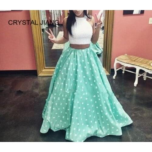 CRYSTAL JIANG 2019 New Fashion Halter Pearl Beaded Sleeveless Custom made Two Pieces A Line Green Prom Dresses