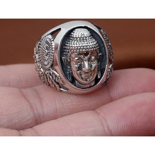 Factory Wholesale S925 Sterling Silver Jewelry Handmade Vintage Thai Silver Buddha Statue Buddha First Personality Ring Men