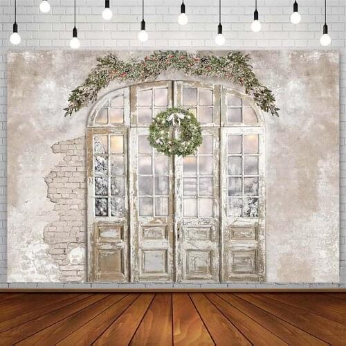Christmas Backdrop Winter Wreath Old Cement Wall Decor Window Plank Door Kid Photography Background Photo Studio Photozone Props