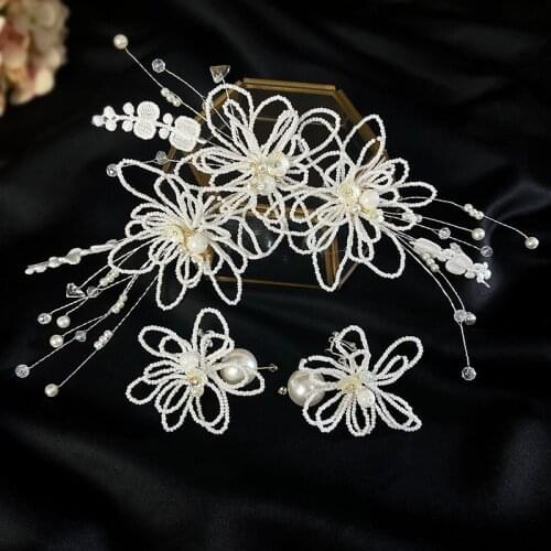 Gorgeous Handmade Wedding Tiara Crowns with Earring Beaded Pearls Brides Headbands Bridal Hair Accessories diadema