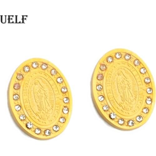 Uelf Trendy Charm Virgin Mary Earrings Femme Shiny Cubic Zirconia Round Stud Earrings for Women Religious Fashion Jewelry