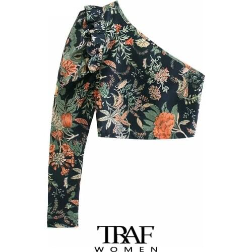 TRAF Za Women Fashion Floral Print Ruffled Asymmetric Crop Blouses Vintage Long Sleeve Side Zipper Female Shirts Chic Tops