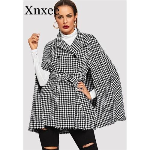 Xnxee Black Office Self Belted Houndstooth Plaid Cape Wool Blend Winter Coat Women 2019 Autumn Fashion Cloak Sleeve Outerwear