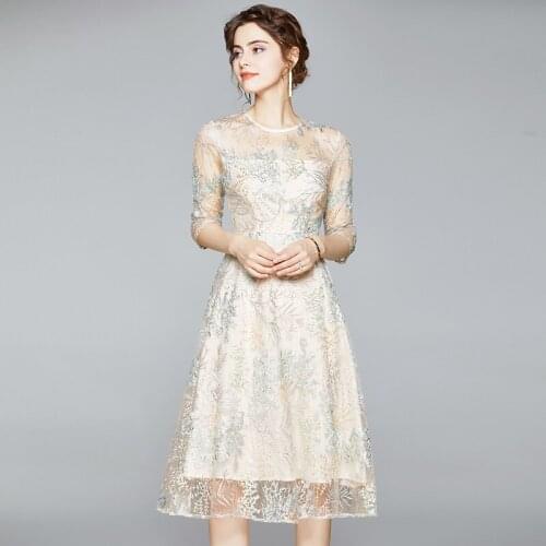 Fashion Runway Summer Midi Dress Women Half Sleeve Gorgeous Mesh Flower Embroidery A Line Elegant Party Dresses k8942