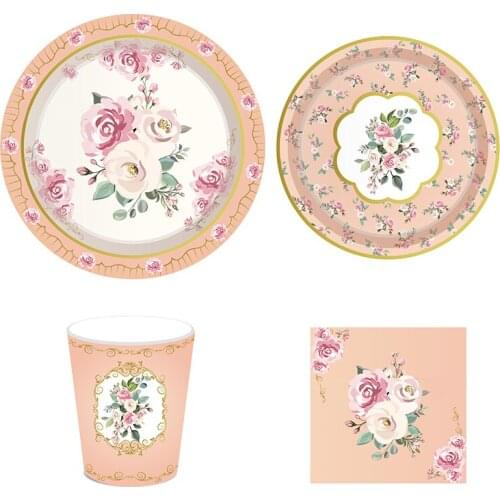 44pcs/set Team Bride Theme Tableware Rose Flowers Paper Plates Cups Bachelorette Party Supplies Wedding Table Decorations
