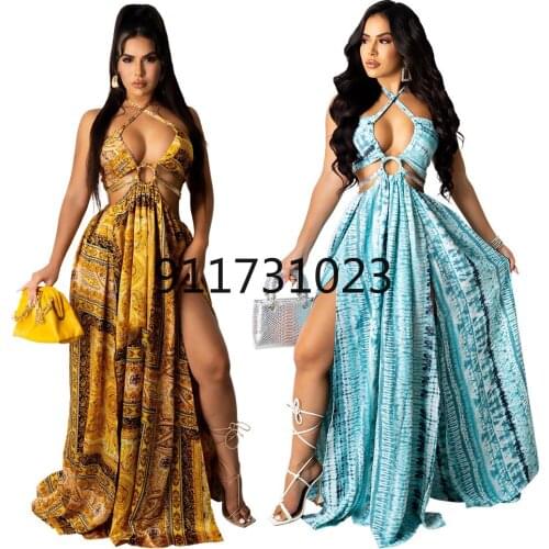 Hollow Out African Dresses For Women 2021 Summer Split V-Neck Sexy Party Dress Tunic Night Club Sleeveless Long Maxi Dresses