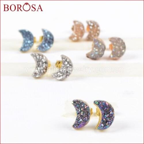 BOROSA 5pairs New Design Gold Color Moon Natural Crystal Druzy Titanium Mix Colors Drusy Stud Earrings for Women Girls G0913