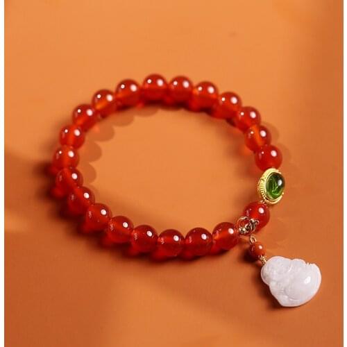 Ethnic 8mm Natural Red Agate Beads Buddha Statue Jade Pendant 14K Gold Filled Strand Bracelets for Women Fine Jewelry YBR348