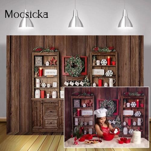Winter Kitchen Kids Birthday Art Backdrop Christmas Newborn Adult Portrait Backgroudn Wreath Cup Candle Rustic Wood Wall Photo