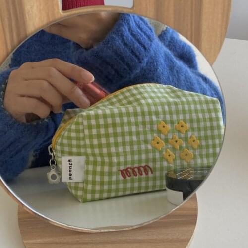 Korean Ins Style Green Grid Pencil Bag Canvas Large Capacity Handbag Double Sided Embroidery Stationery Cosmetics Storage Bag