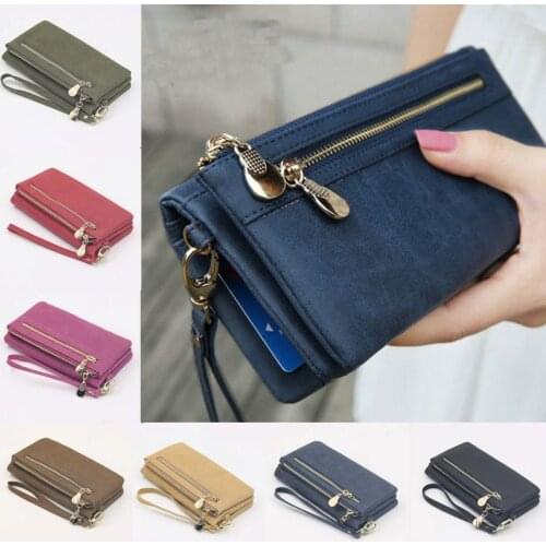 Fashion Women Wallets Dull Polish Leather Wallet Double Zipper Day Clutch Purse Wristlet Portefeuille Handbags Carteira Feminina