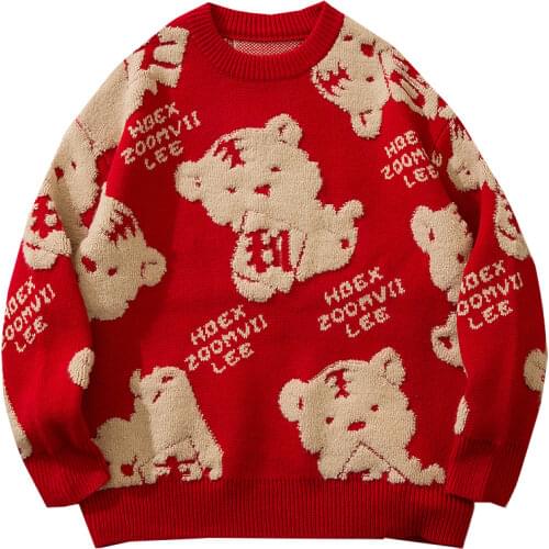 2021 Harajuku Knitted Sweaters Men Hip-Hop Cartoon Pearl Embroidery Sweater Streetwear Male Autumn Winter Pullovers pull homme