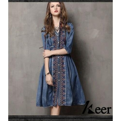 Quality womens new 2019 summer wear braces cowboy dress National wind pocket embroidery big yards dress