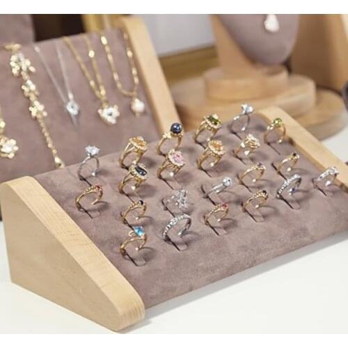 Solid Wood 22 Slot Rings Display Stand Jewelry Storage Box Display Cabinet Pendant Earring Showcase Trays