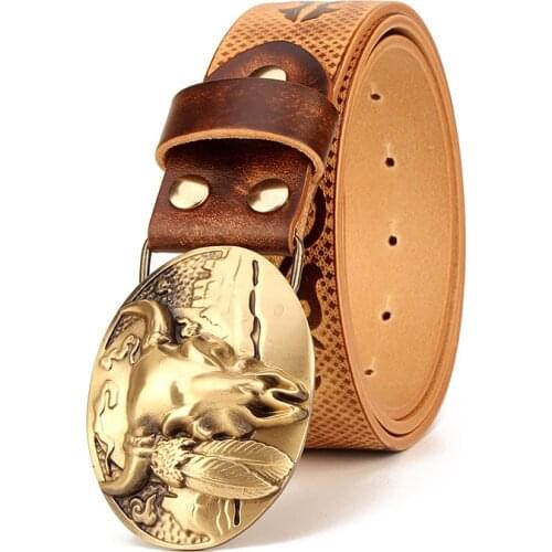Mens Ethnic Style Cowskin Leather Belt Pure Genuine Leather Copper buckle pattern belt Retro men Smooth buckle buckle belts