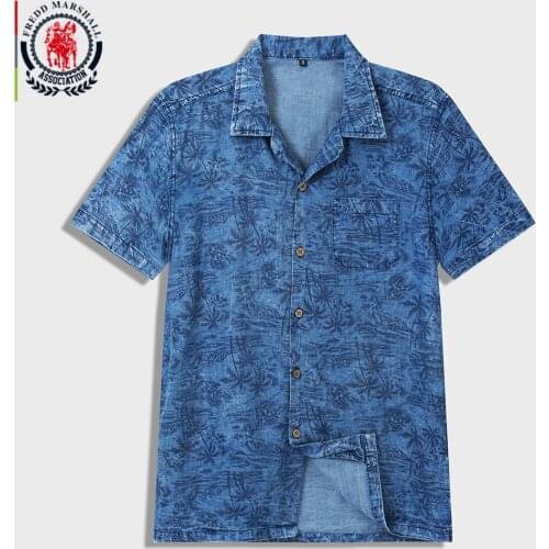 FREDD MARSHALL 2020 New Fashion Tropical Print Denim Shirt Men Short Sleeve Streetwear 100% Cotton Casual Pocket Shirt Top 56015